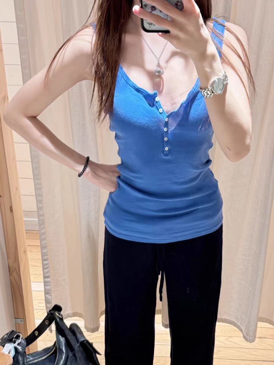 BrandyGirl美式复古六粒扣bm吊带背心女修身显瘦辣妹上衣外穿百搭