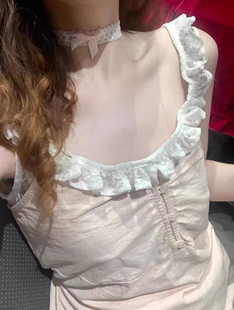 BrandyGirl条纹花边领纽扣外穿bm吊带背心女新款收腰绑带内搭上衣