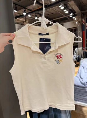 Brandy Girl美式复古辣妹POLO领国旗背心女bm无袖T恤翻领短款上衣