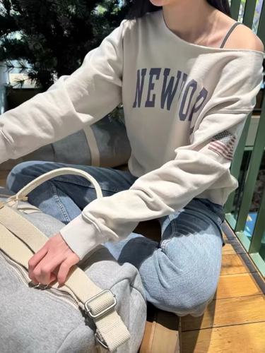 brandygirl新款美式字母印花斜肩bm长袖卫衣女宽松百搭休闲上衣潮
