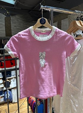 BM粉色撞色边短袖短款T恤女