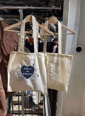 Brandy Girl新款美式印花天使大容量单肩帆布包bm手提袋腋下包女