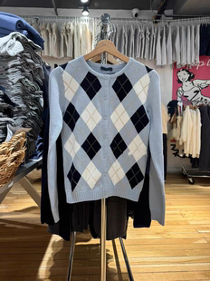 女圆领修身 复古菱格纹bm针织开衫 毛衣外套上衣 美式 BrandyGirl新款