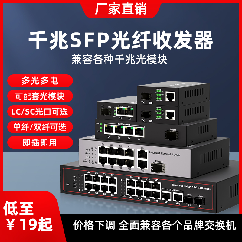 千兆光纤收发器SFP光模块接口1光2光16光24光2/4/8/10/16电转光纤延长器传输器光电转换SC/LC光口模块收发器