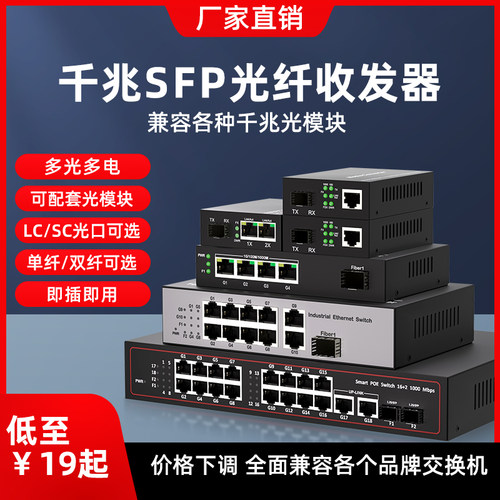 千兆光纤收发器SFP光模块接口1光2光16光24光2/4/8/10/16电转光纤延长器传输器光电转换SC/LC光口模块收发器
