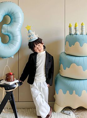 蓝色蛋糕数字气球男孩儿童3周岁生日布置场景装饰氛围感拍照道具2