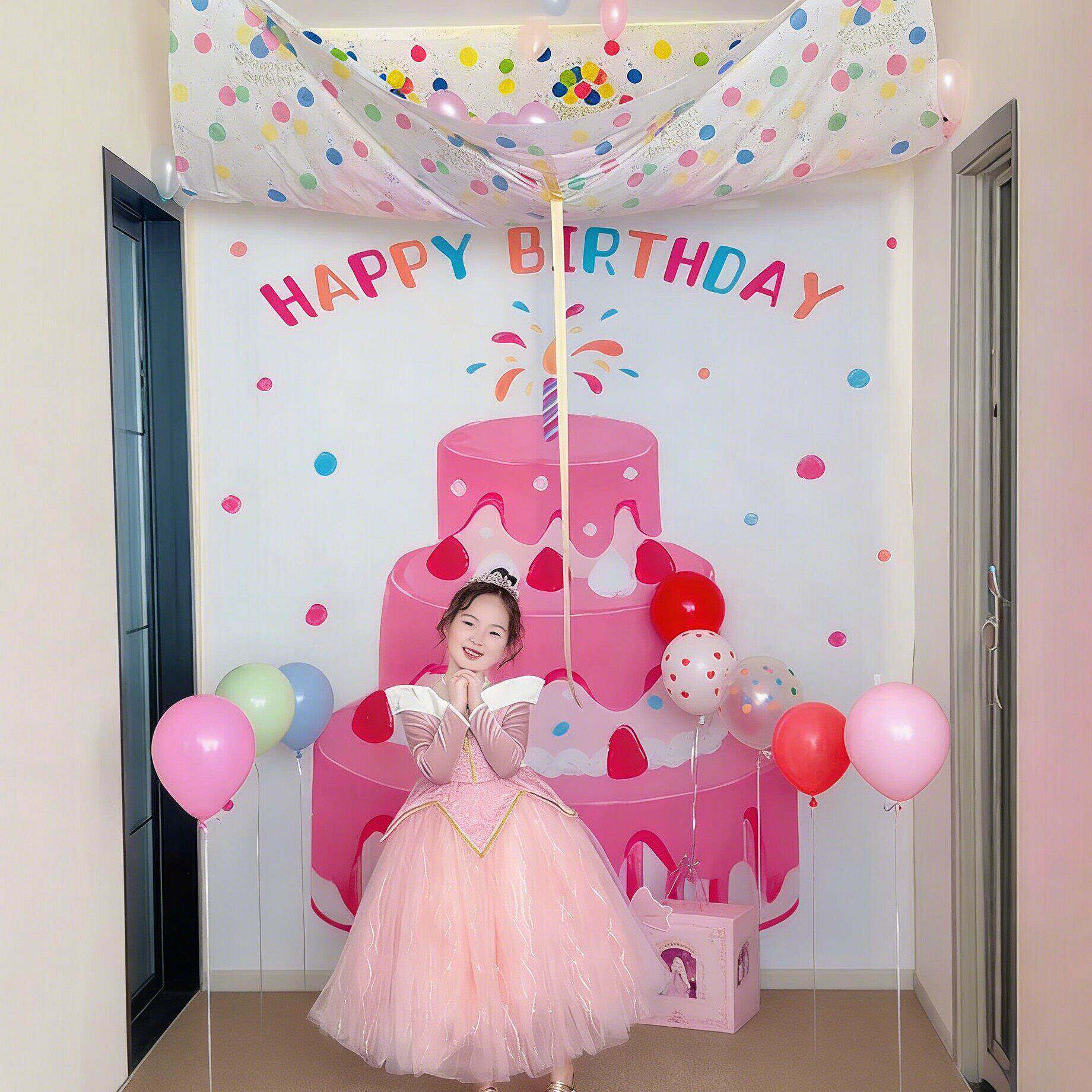 拉绳气球雨瀑布女孩生日快乐海报背景挂布仪式感装饰氛围场景布置
