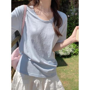 短袖T恤女2025新款爆款U领半袖内搭上衣潮夏季雪花棉宽松慵懒款式