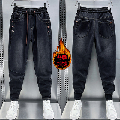 潮流男士黑色加绒牛仔裤冬季松紧腰弹力修身小脚裤厚款束脚休闲裤