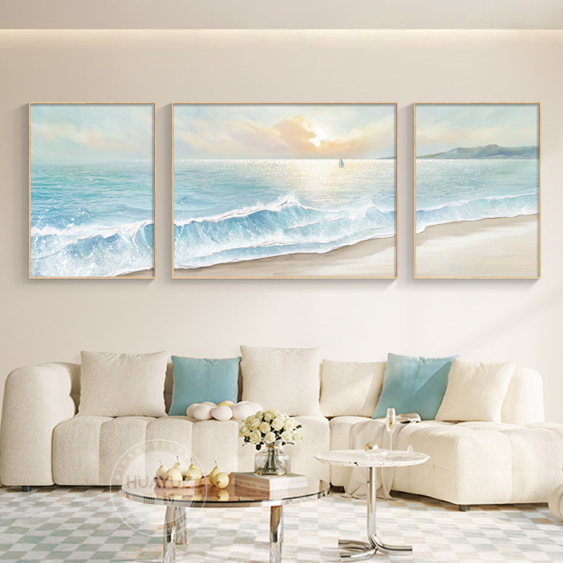 北欧奶油风客厅装饰画高级感海景三联壁画抽象简约沙发背景墙挂画,家居饰品,现代装饰画,淘宝优惠券,粉丝福利购,淘宝优惠卷