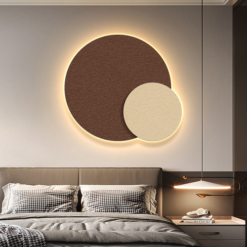 侘寂风卧室挂画圆形极简立体砂岩画LED轮廓灯画客厅背景墙装饰画