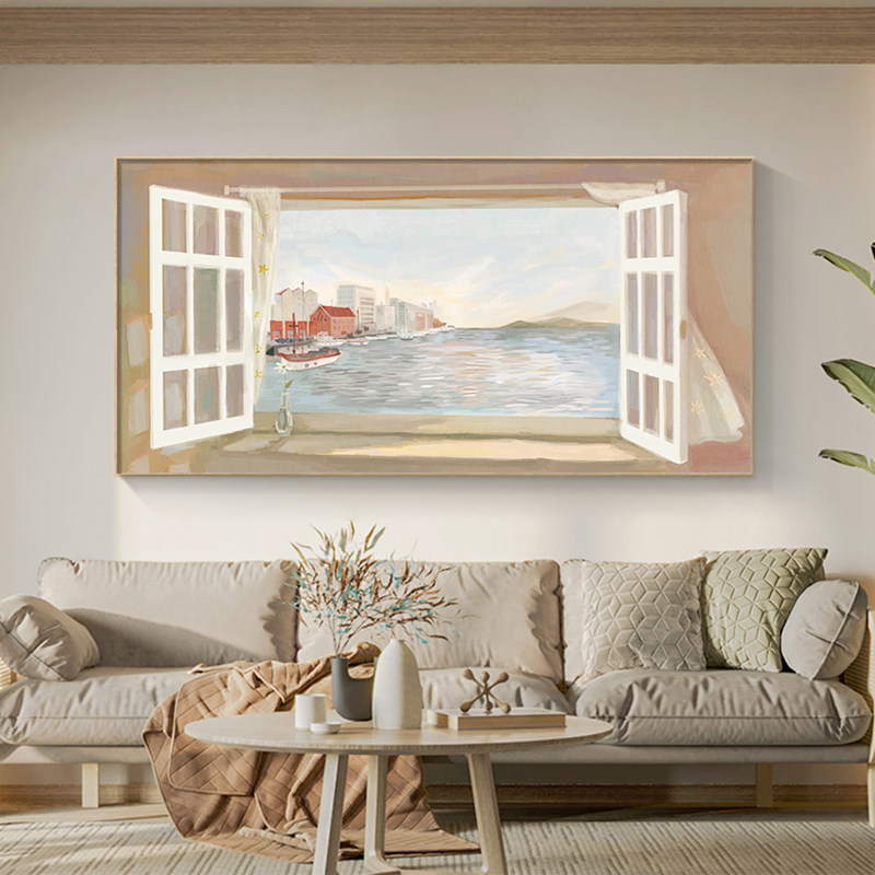 现代简约客沙装饰画大横幅窗户挂画卧室床头壁画海风景背景墙挂画