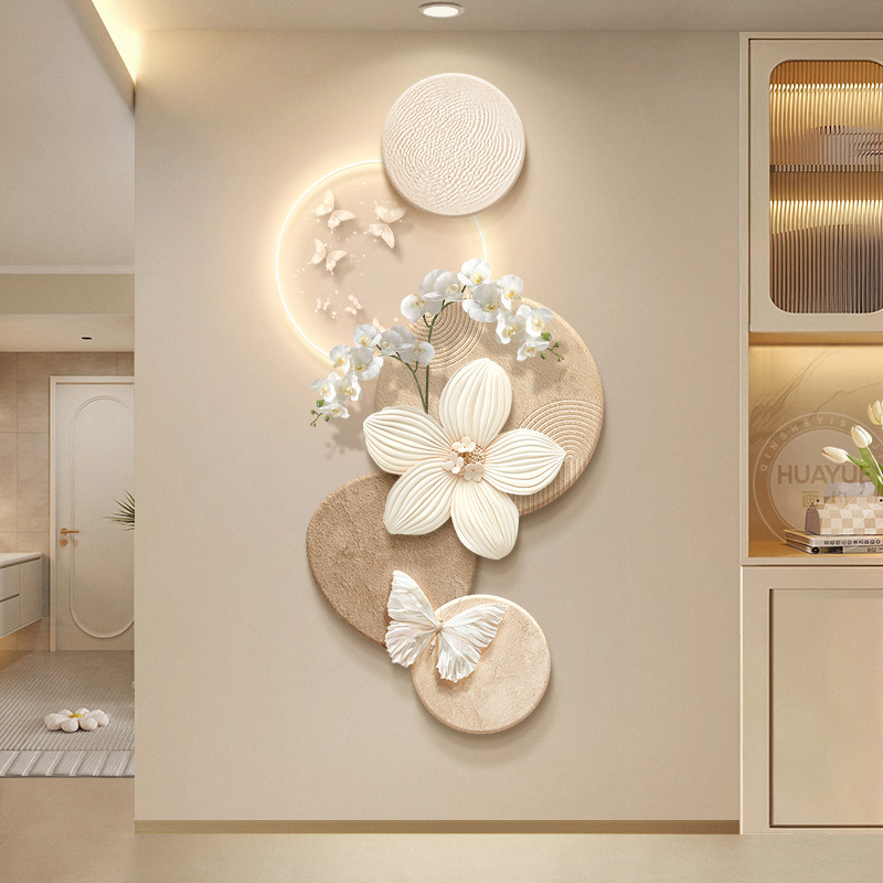 奶油风玄关装饰画 画创意花卉蝴蝶走廊过道挂画 画高级感立体砂岩