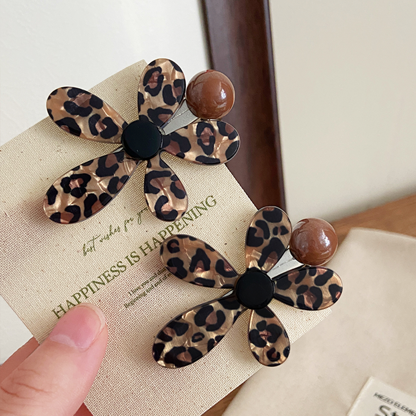 韩系气质豹纹花朵珠珠发夹
