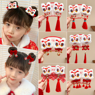 新年毛绒醒狮发夹女童宝宝过年头饰喜庆古风丸子流苏发卡汉服配饰
