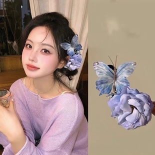 早春氛围感蓝色蝴蝶花朵发夹女后脑勺盘发头饰新中式 甜美森系发卡