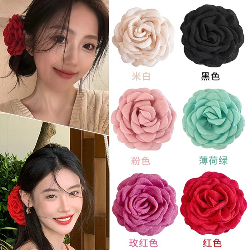 红色花朵抓夹头饰干枯玫瑰花发夹