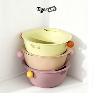 TIGERCAT新款 双层洗菜篮加厚可爱圆形纯色家用收纳水果淘米沥水篮
