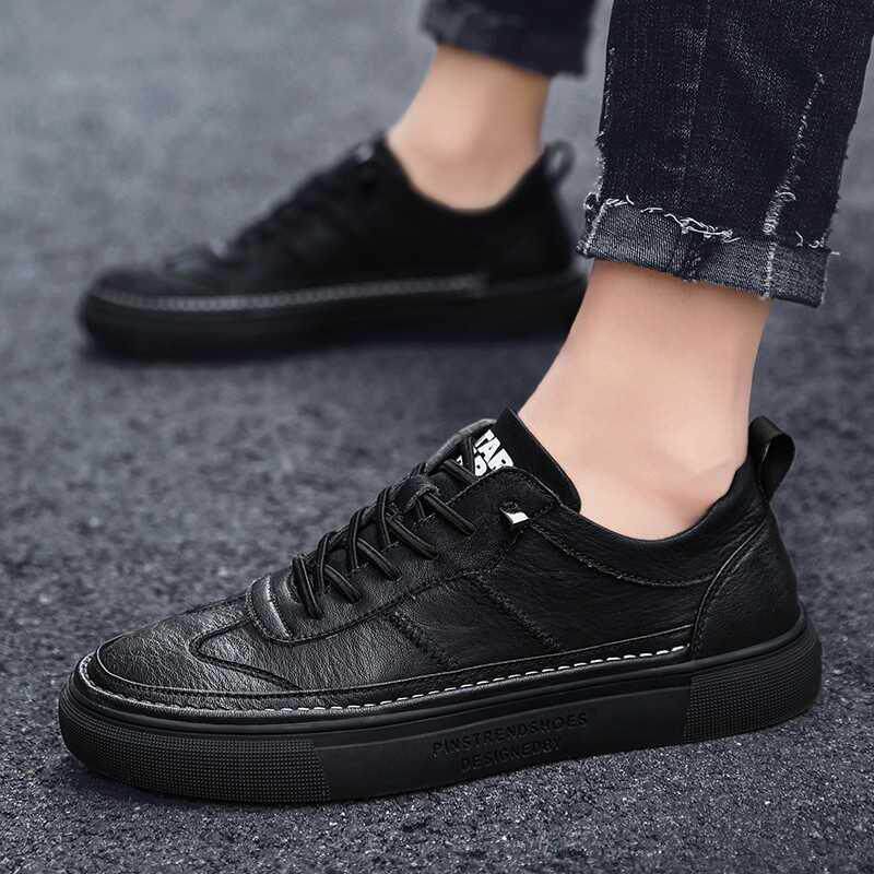 春夏季休闲平底男鞋超纤皮面纯色低帮单鞋夏天男士时尚鞋子板鞋黑