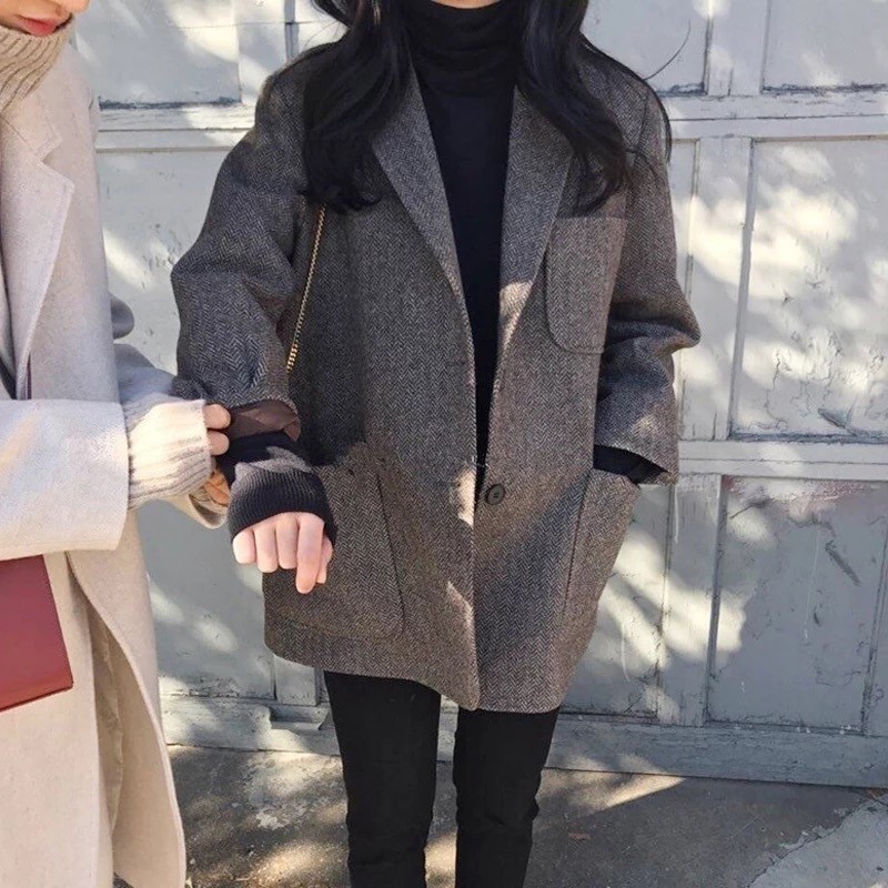 毛呢外套女西装小个子宽松韩版短款加厚秋冬季人字纹羊毛呢子大衣|msdalam kategori Butik wanita / wanita, bulu kot - dari Buy2taobao.com untuk memberikan perkhidmatan ejen Taobao profesional membeli