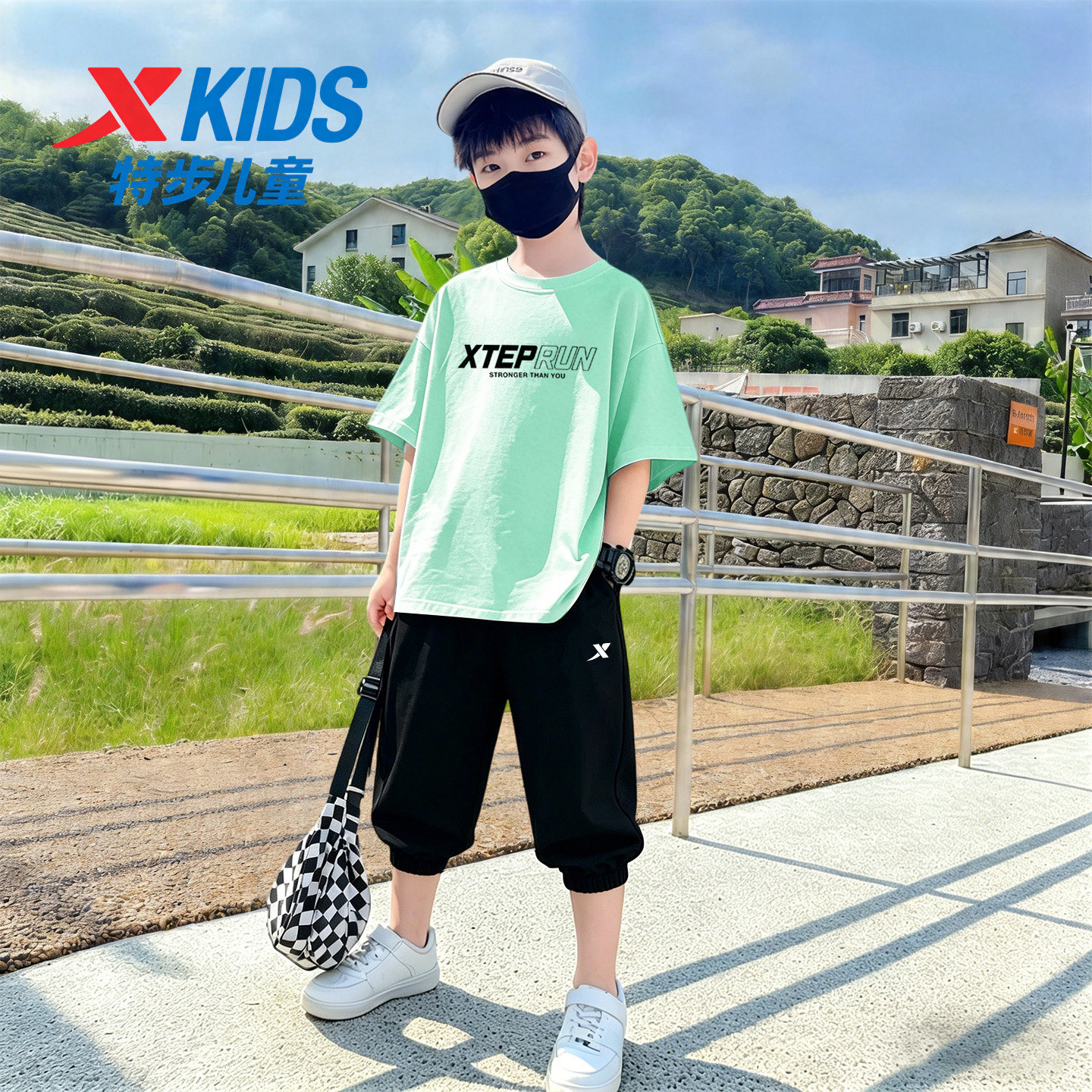 特步儿童短袖七分裤男童套装男孩2026夏季新款运动T恤小学生2件套