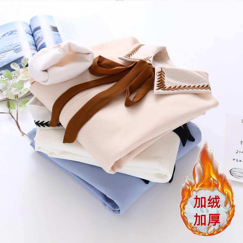 白衬衫女长袖内搭打底职业加绒学生刺绣秋冬保暖加厚甜美洋气上衣