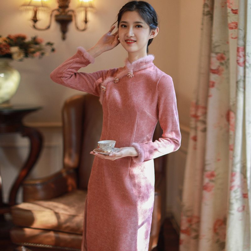 灯芯绒连衣裙女秋冬2020年新款复古中国风加绒加厚改良旗袍年轻款