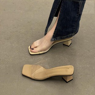 透明拖鞋女外穿2024年夏季新款时尚百搭高级感中跟一字粗跟凉拖女