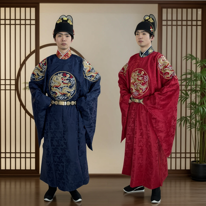 大明朝汉服圆领袍男款明制红色中式婚服大襟四团龙纹补服曳撒夏季