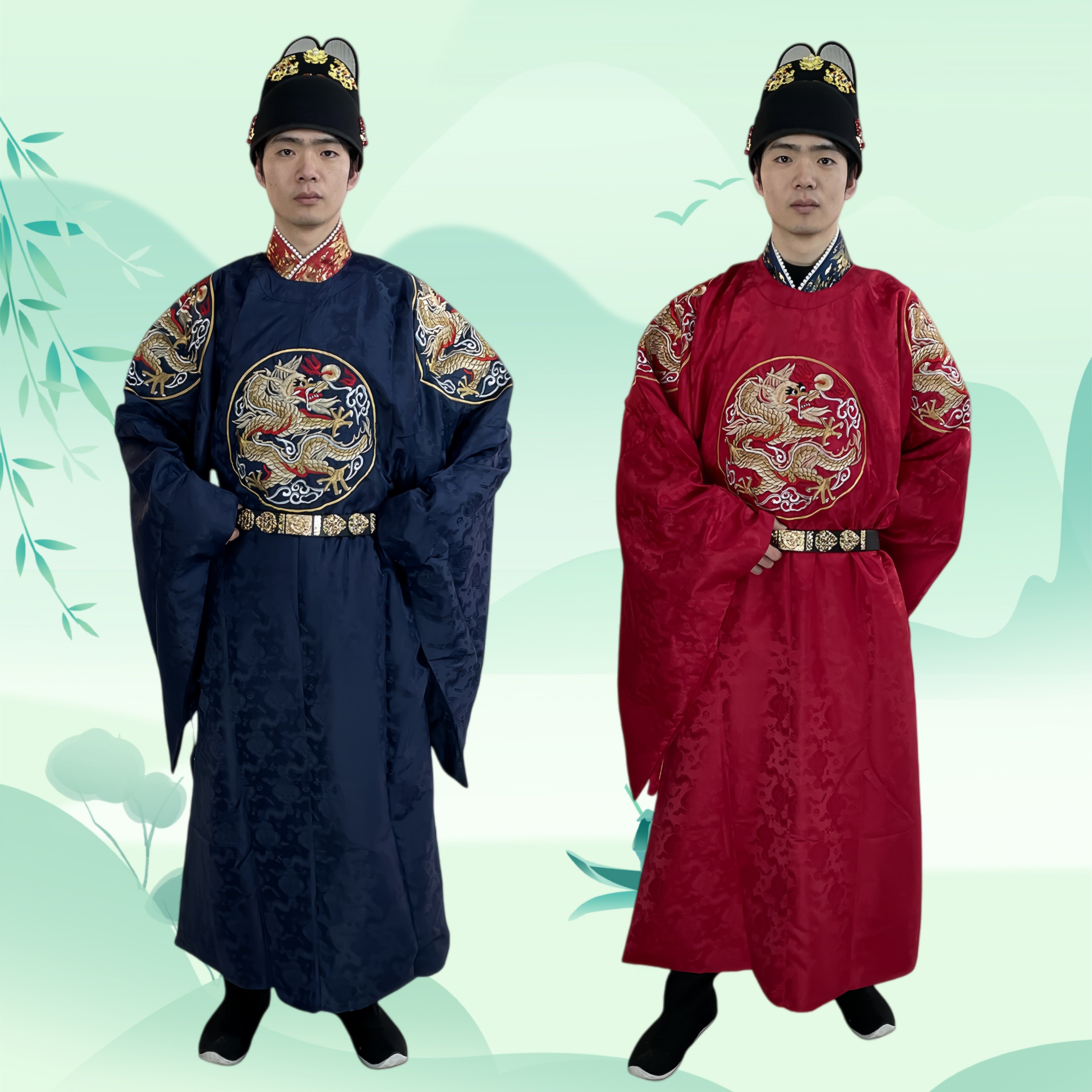 君御明制圆领袍男士汉服蓝色中式婚服大襟四团龙纹补服曳撒春夏款