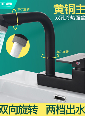特塔全铜双孔洗脸盆黑色烤漆面盆冷热水龙头可旋转台上洗手盆单把