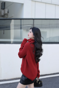 【先用后付】la秋冬爆款无缝一体纯羊毛竖坑条高领百搭红色毛衣女