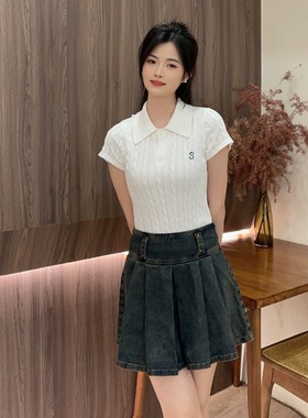 7SHIFT 2024早秋原创正品纯棉爆款学院风显瘦绞花短袖POLO衫T恤女