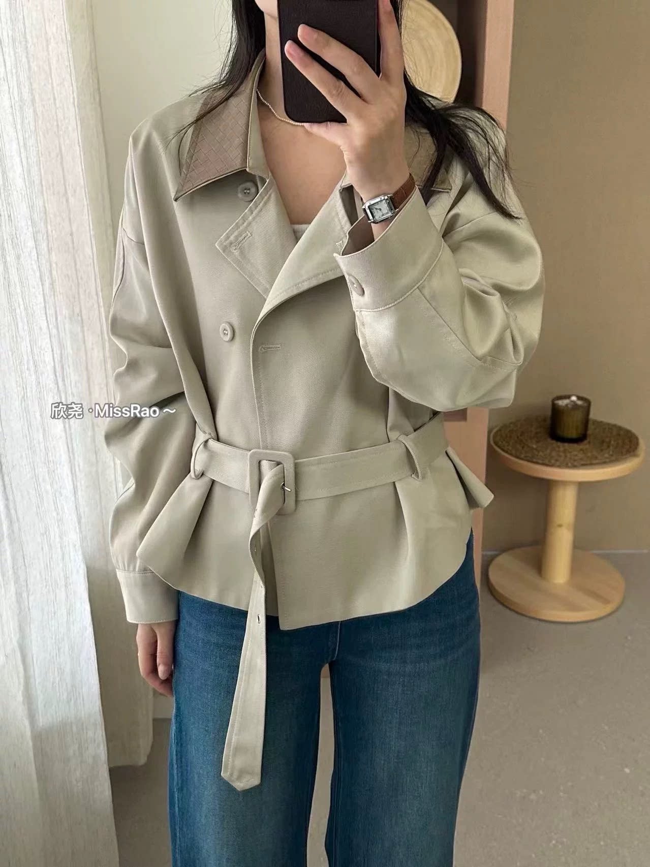 拼接领短款收腰显瘦风衣(配腰带)图片