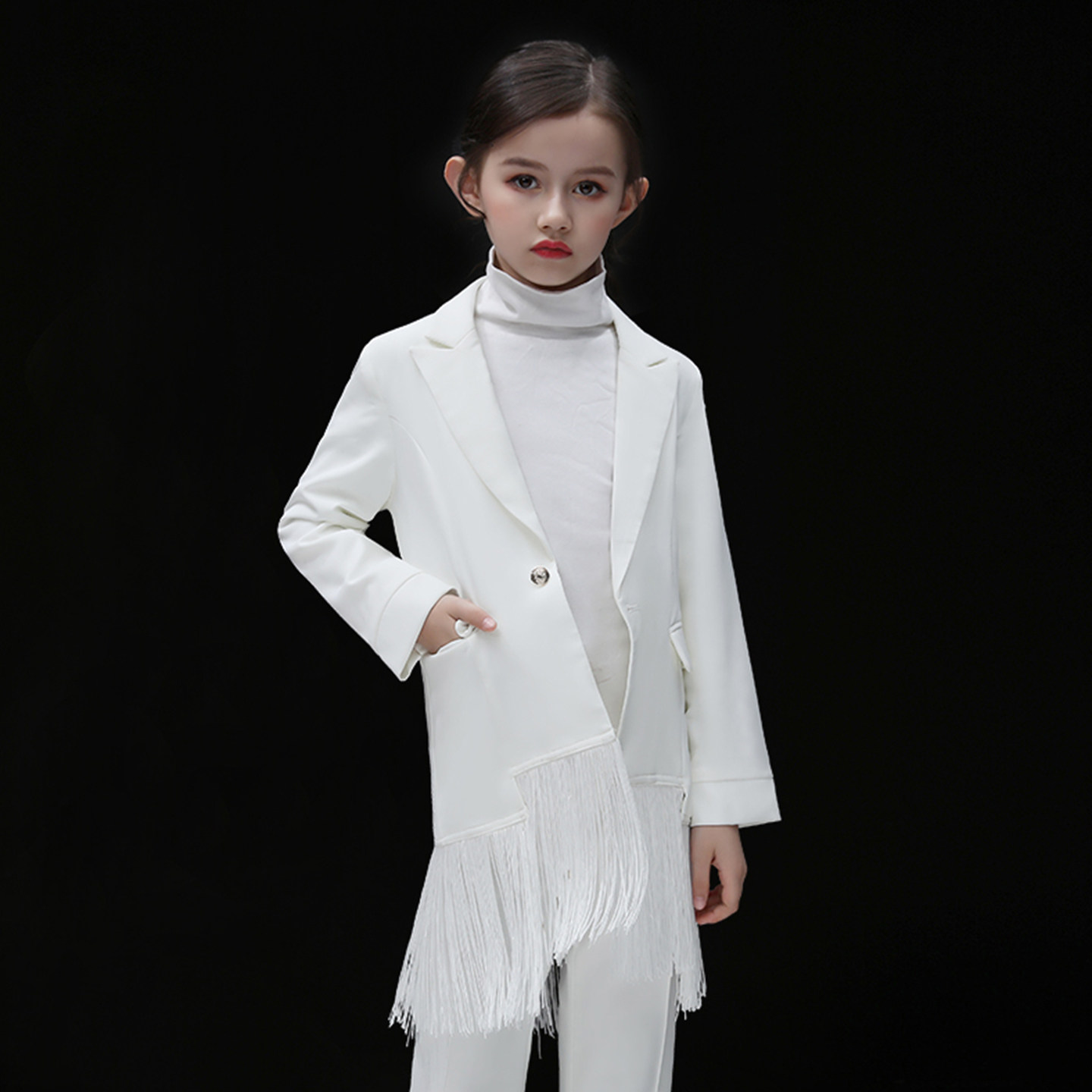 女童礼服2026新款儿童西装套装白色主持人表演模特走秀钢琴演出服