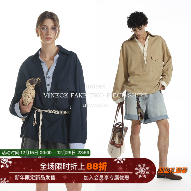 【假两件】Unvesno(UN)老钱莱赛尔秋季V领撞色宽松休闲长袖衬衫