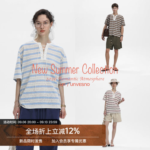 Unvesno(UN)Urban Resort都市度假休闲慵懒风条纹绑带亨利领T恤