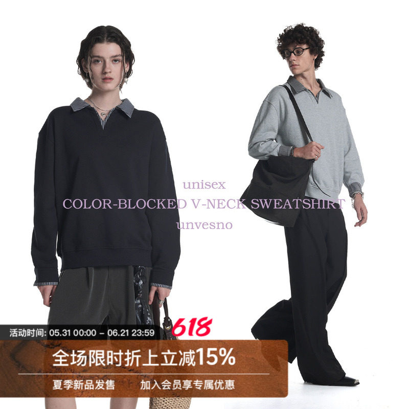 Unvesno(UN)轻休闲自发热条纹衬衫领假两件V领抓绒保暖卫衣