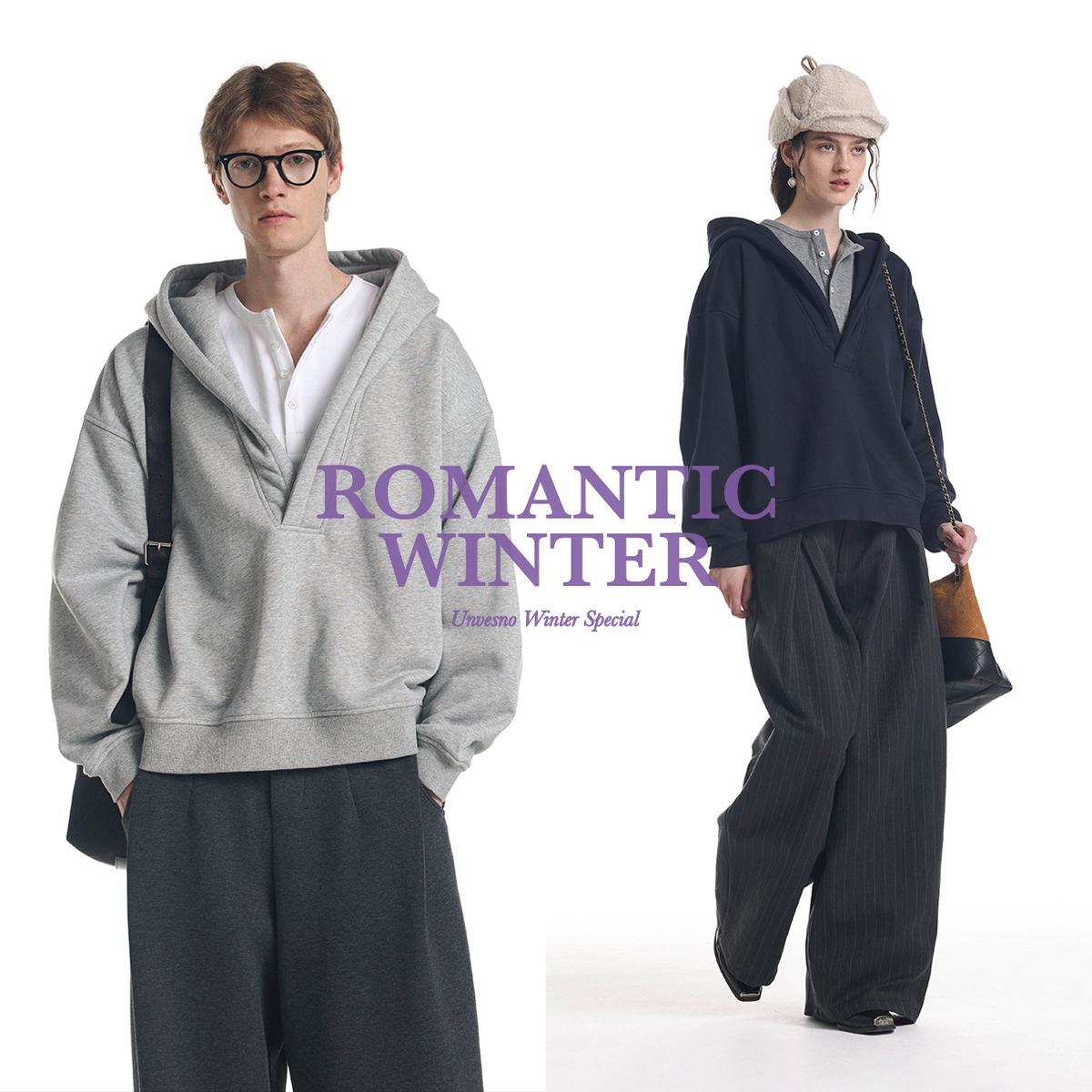 【加绒假两件】Unvesno(UN)静奢高智撞色亨利宽松休闲v领连帽卫衣