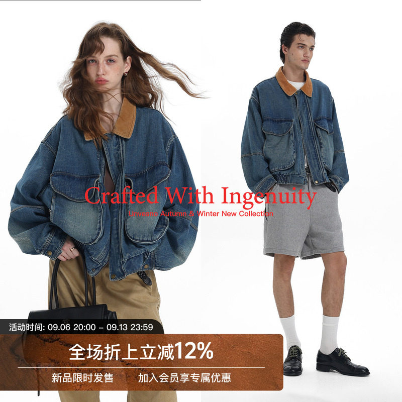 【水洗做旧】Unvesno(UN)中古灯芯绒领拼接工短廓牛仔夹克图片