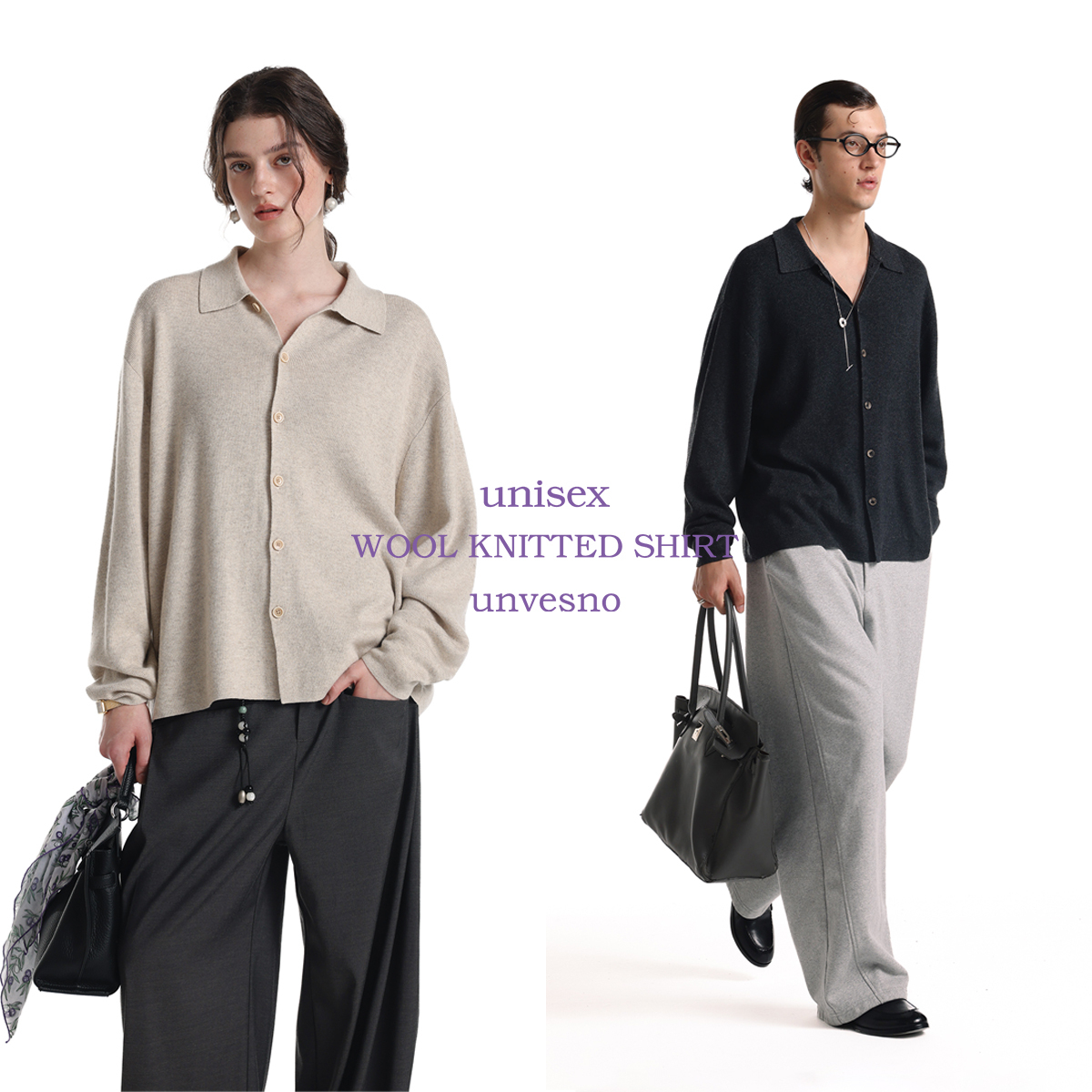 【羊绒混纺】Unvesno(UN)Row风老钱秋季羊绒基础翻领针织毛衣衬衫
