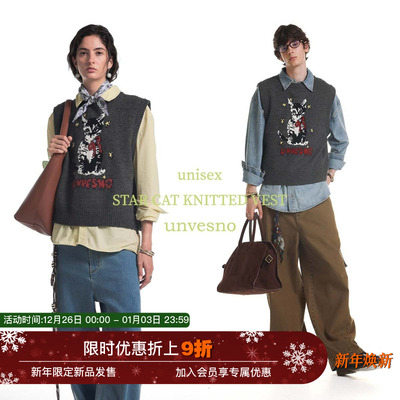 Unvesno(UN)Vintage复古可爱星辰猫咪提花休闲秋季保暖针织背心