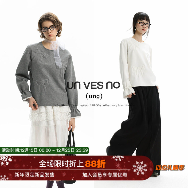 【蕾丝花边】Unvesno(UN)ung复古短宽蝴蝶结立体绣花圆领长袖卫衣