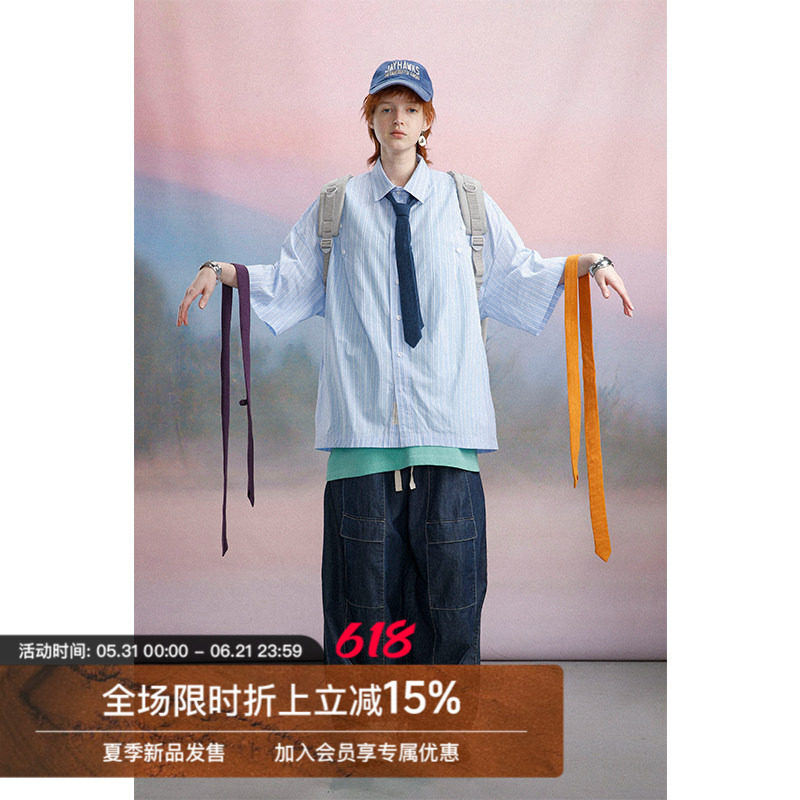 Unvesno (UN) 复古条纹衬衣切割线领带短袖衬衫夏季中袖潮流上衣