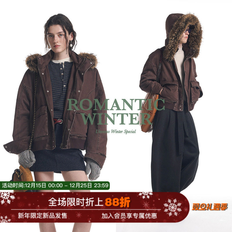 【可拆卸毛领】Unvesno(UN))巴恩风复古怀旧洗褪短廓连帽棉服夹克