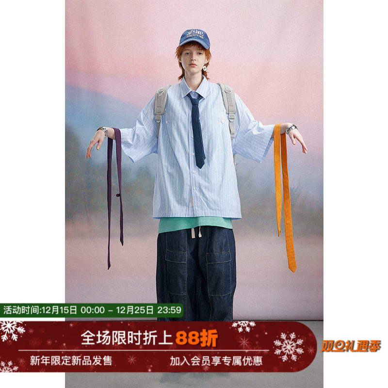 复古短袖衬衫UNVESNO宽松翻领