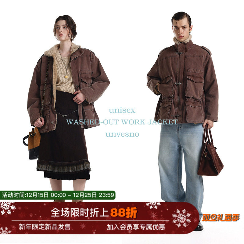 【羊羔绒】Unvesno(UN)工装飞机扣多口袋羚羊毛抽绳保暖夹克