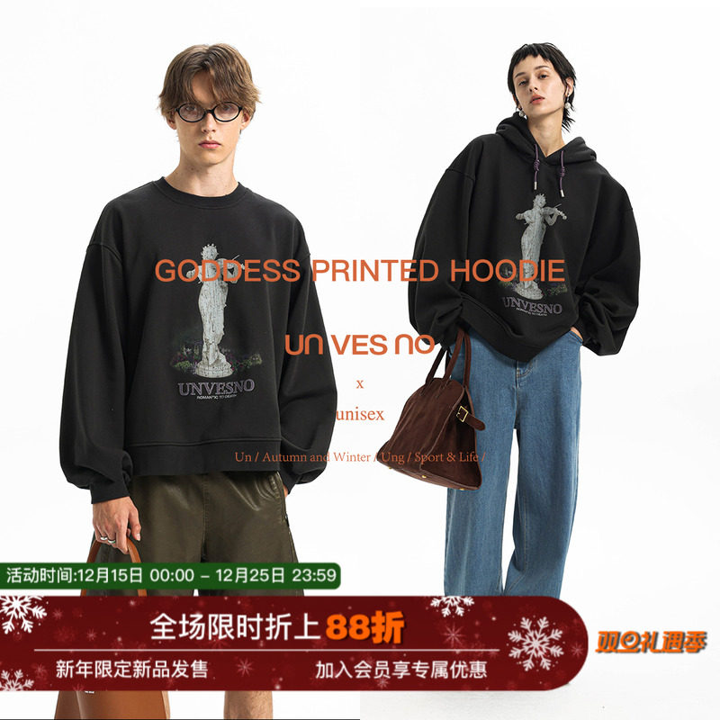 【440g加绒】Unvesno(UN) 三合一女神雕塑复古保暖印花圆领卫衣