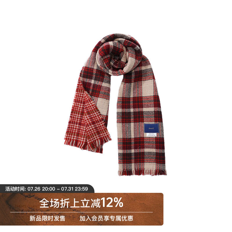 Unvesno (UN) 冬季红色格子英伦百搭流苏保暖围巾