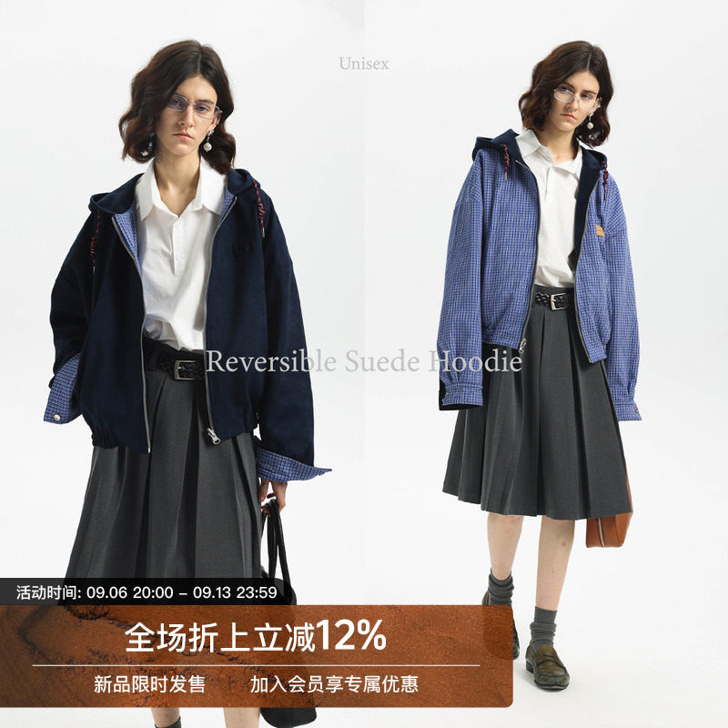 【双面穿】Unvesno(UN)秋季miu风复古智感麂皮绒格纹帽衫外套图片